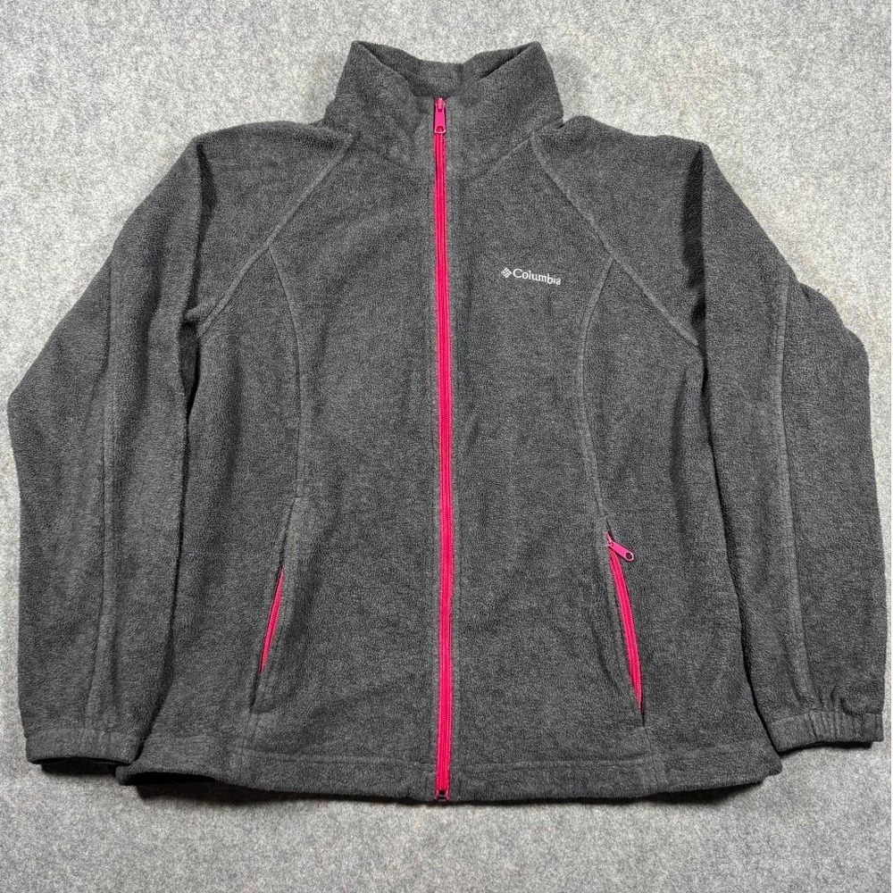 Columbia Womens 1X Plus Full Zip Fleece Jacket Charcoal Gray Pink Trim Hiking